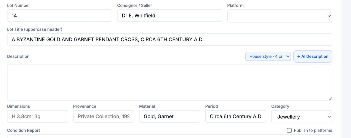 Sablot catalogue form for Lot 14 with the description draft button and house-style credit selector
