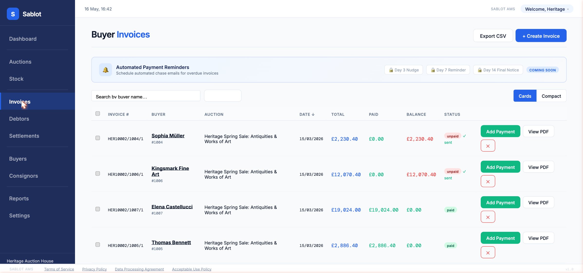 Sablot invoices list with paid and unpaid statuses, payment buttons and per-buyer totals
