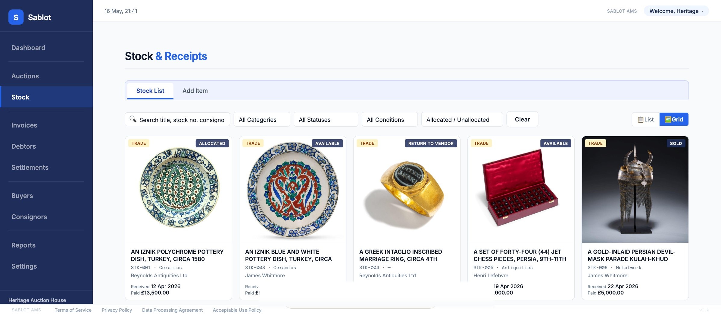 Sablot stock module showing antiquities, ceramics and jewellery with status badges and consignor records